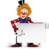 cheerful clown with a white placard