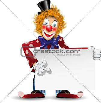 cheerful clown with a white placard