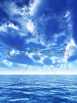 cloudy blue sky leaving for horizon above a blue surface of the sea