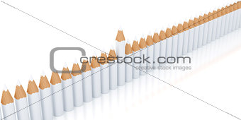 row of identical pencils on a white background