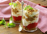 dairy dessert with strawberries, trifle in glasses