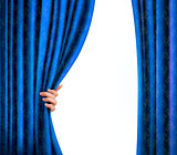 Background with blue velvet curtain and hand. Background with bl
