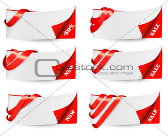 Red sale banners with red ribbons. Vector. 