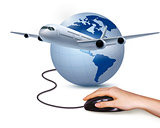 Background with airplane and hand with mouse. Travel concept. Ve