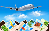 Background with airplane and with photos from holidays. Travel c