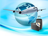 Background with airplane and globe. Travel concept. Vector 
