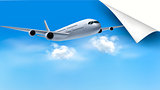 Background with airplane on blue sky. Travel concept. Vector