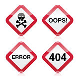 Danger, oops, error, 404 red warning sign