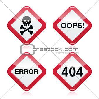 Danger, oops, error, 404 red warning sign