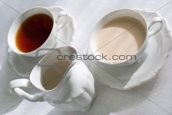Two cups of tea and milk jug.