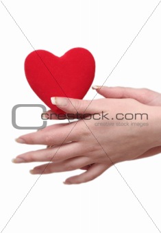 Red heart in female hands on a white background