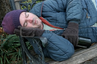 Homeless Man - Park Bench Closeup
