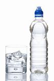 Bottle and glass of mineral water with droplets