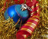 Christmas blue ornaments and ribbons