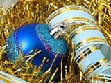 Christmas blue ornaments and ribbons