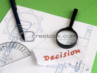 Decision, magnifier, pencil on draught
