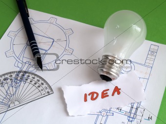 Idea, bulb, pencil on draught