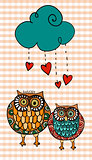 Valentine two owls under love rain