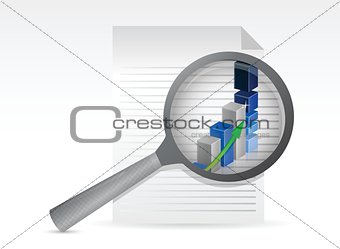 business graph on sheet of paper under magnifying glass illustration