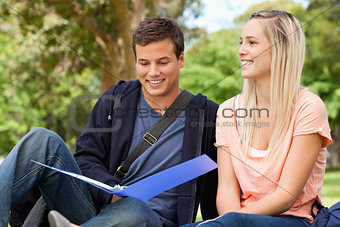 Smiling tutor helping a teenager to revise 