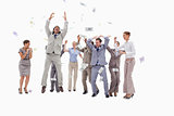Very happy people with money falling from the sky
