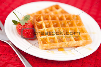 Waffles and strawberry together in a white plate