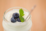 Close up of a pot of yoghurt with leaves and blueberries