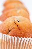 Close up on four muffins in line