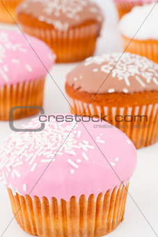 Close up of many muffins with icing sugar