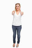 Happy blonde woman showing her thumbs up