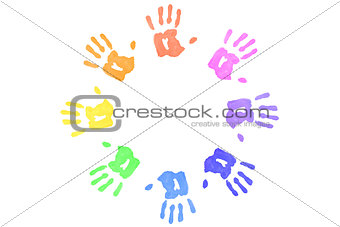 Multicolored handprints forming a circle
