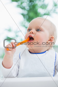 Baby holding a plastic spoon while putting it in his mouth