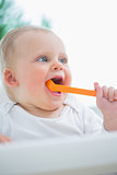 Baby holding a plastic spoon in his mouth