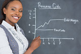 Teacher next to a chart drawn on a blackboard