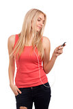 Blond teenage girl listen music