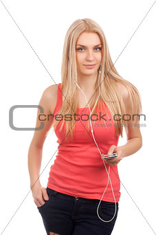 Blond teenage girl listen music