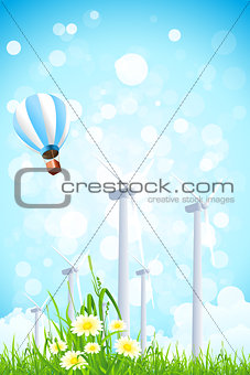 Abstract Background with Wind Power Plant and Hot Air Balloon