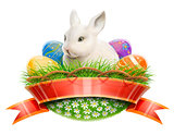 easter bunny rabbit in basket with eggs