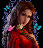 Portrait of a beautiful elf with  rose