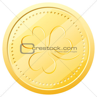 Vector gold coin with clover. Symbol of St. Patrick's Day