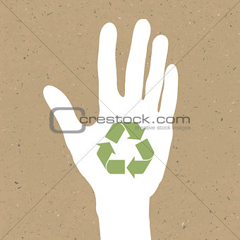 Reuse sign on hand silhouette on recycled paper. Vector, EPS10