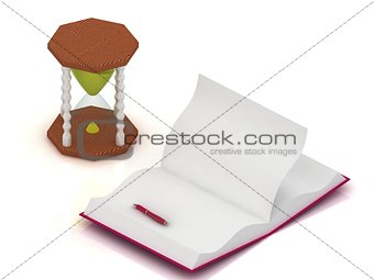 sand clock, open a blank book and pen