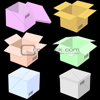 Six boxes, isolated on black background. Vector illustration.