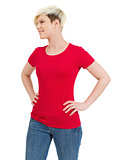 Cute happy female with blank red shirt