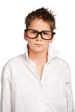 Boy in white shirt and big glasses