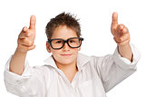 Boy in white shirt and big glasses