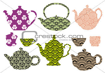 tea pots and cups with asian pattern, vector