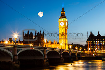 Full Moon above Big Ben and House of Parliament, London, United 