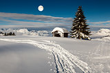 Full Moon above Small Hut and Fir Tree on the Top of the Mountai