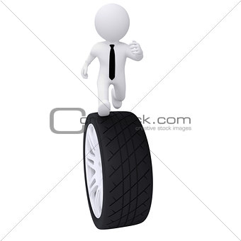 3d man running on the car wheel
